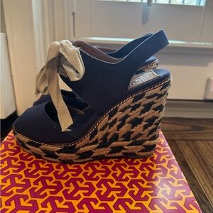 Tory Burch Navy and Tan Espadrille Wedges